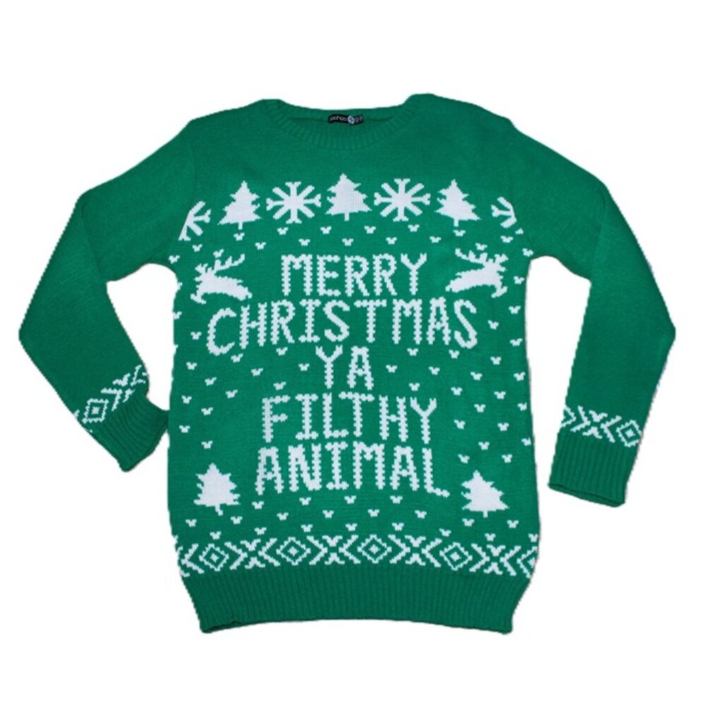 BOOHOO Merry Christmas Ya Filthy Animal Knit Pullover Sweater in Green (Large)